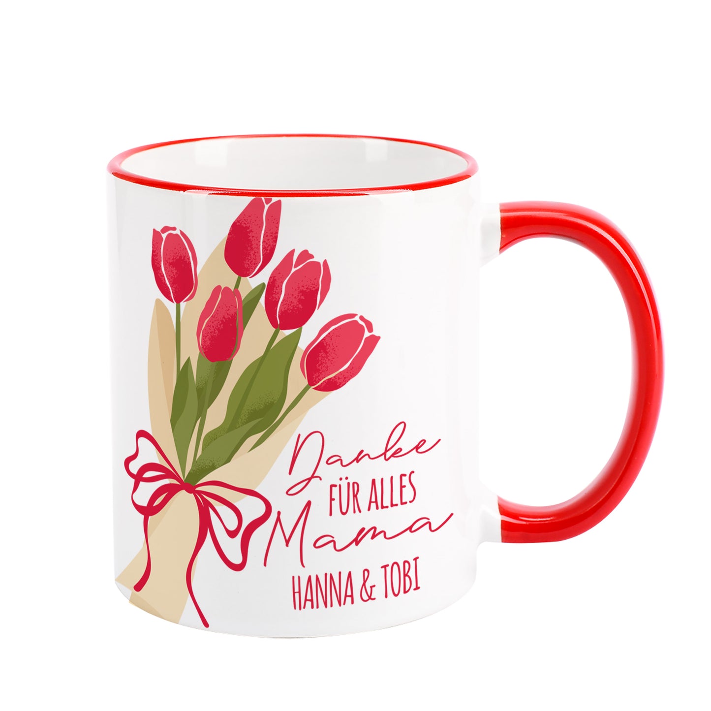 Keramiktasse mit Tulpenmotiv und personalisiertem Text als Geschenkidee für Mama