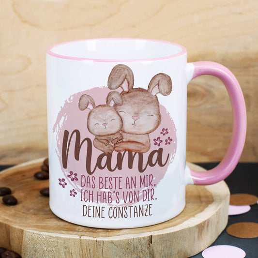 Beidseitig bedruckt mit kleinen Hasen, liebevollem Spruch und Personalisierung
