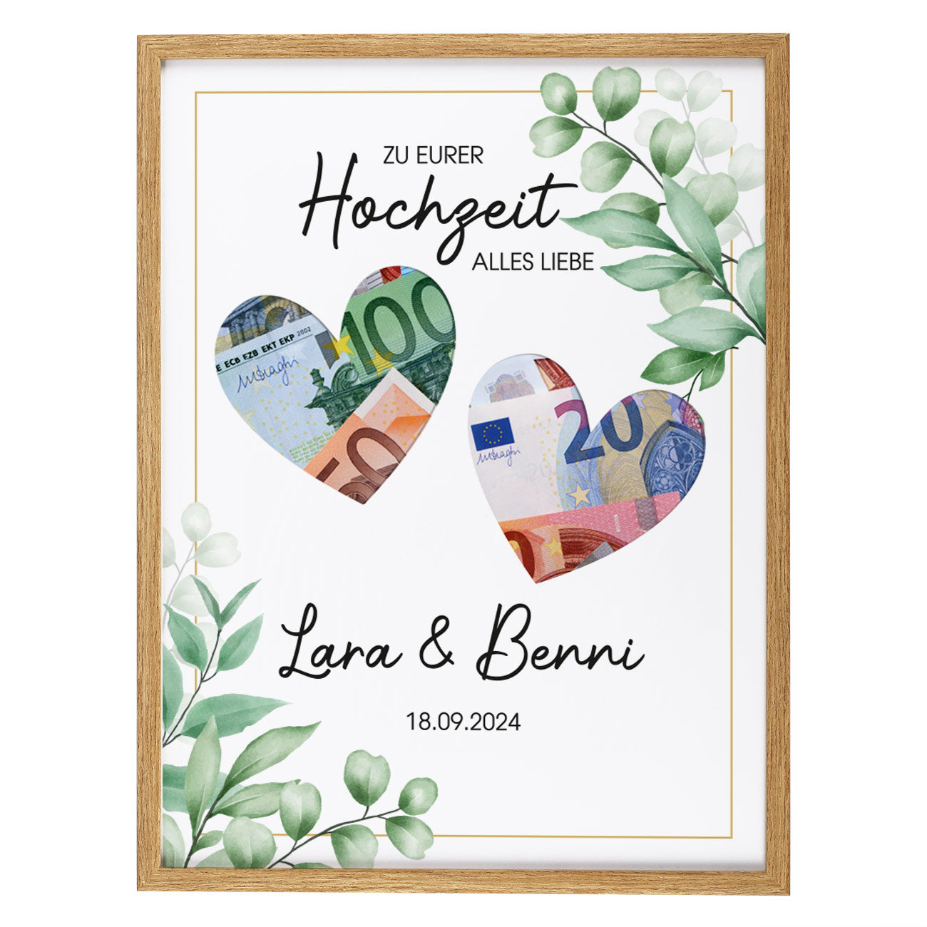 Weißer Bilderrahmen mit Namen und Datum bedruckt