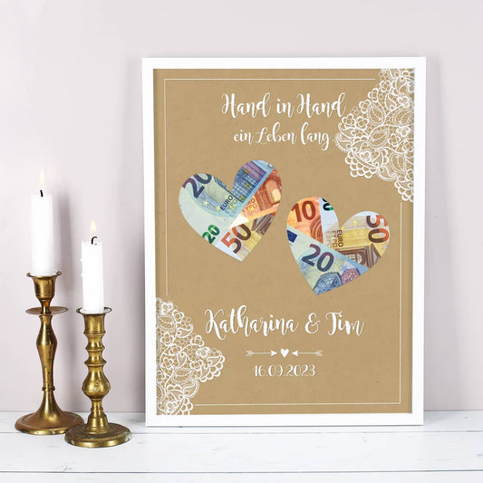 Originelles Geldgeschenk zur Hochzeit mit Namen und Datum personalisiert