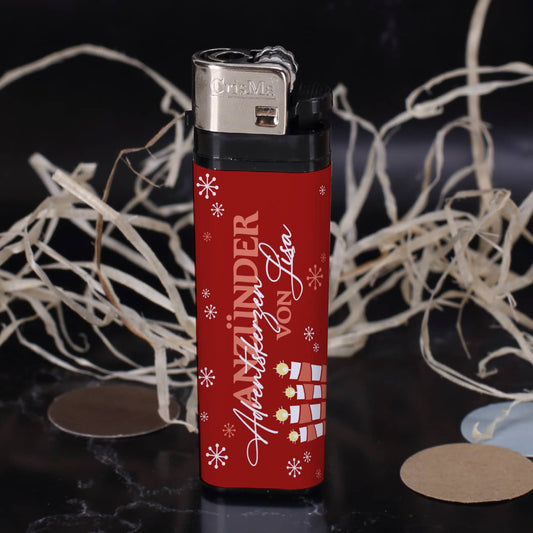 Schwarzes Feuerzeug "Adventskerzen-Anzünder" mit Aufkleber und Name