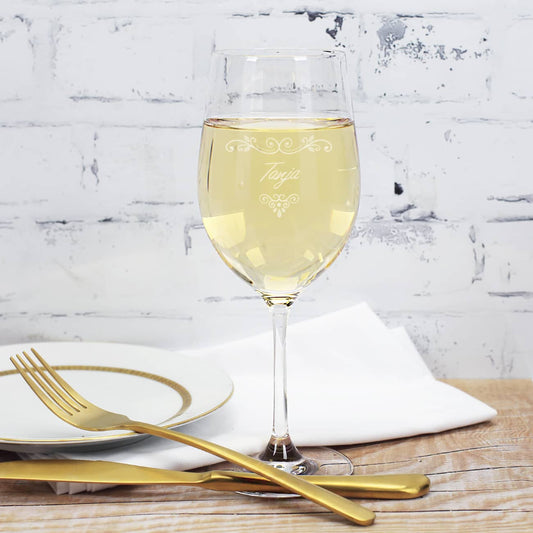 Weinglas graviert mit Name und Blätterranken-Ornament