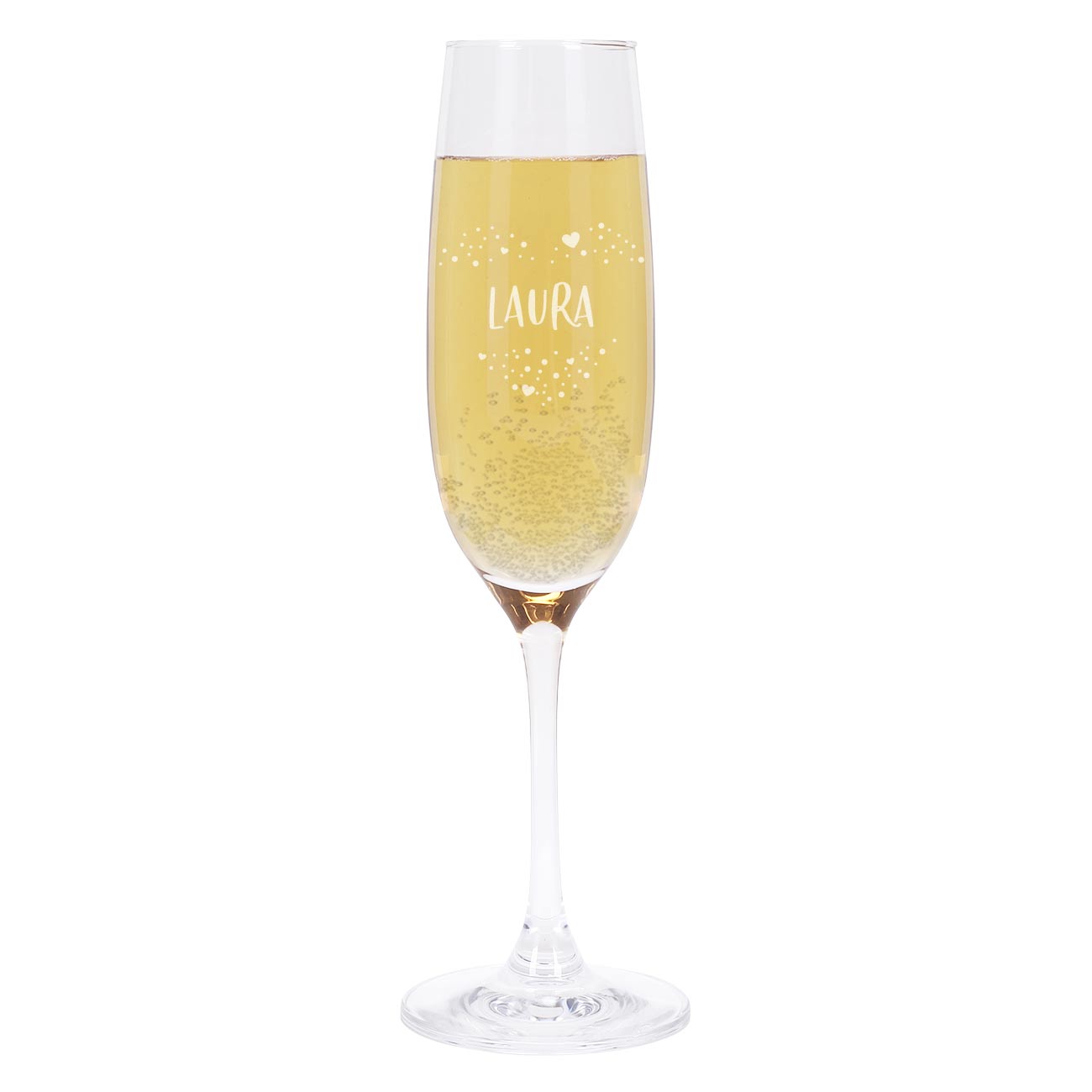 Sektglas mit Name und Herz aus Punkten