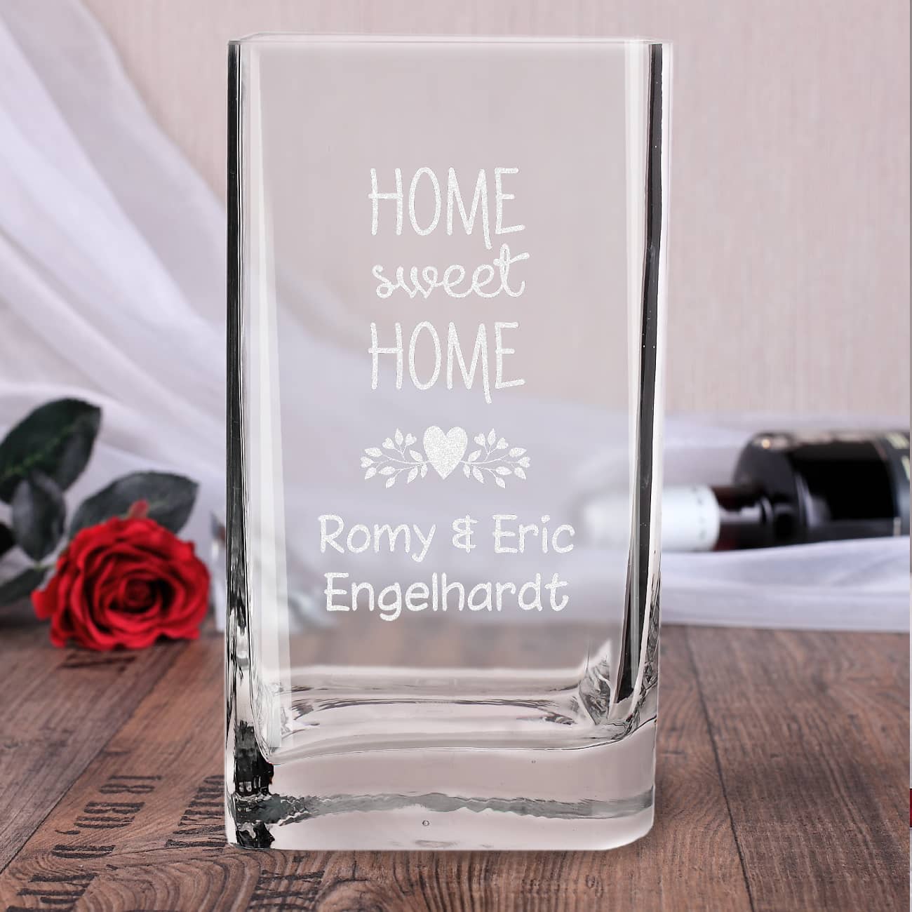 Vase Glasvase Einzug Geschenk graviert mit Home sweet Home und Namen