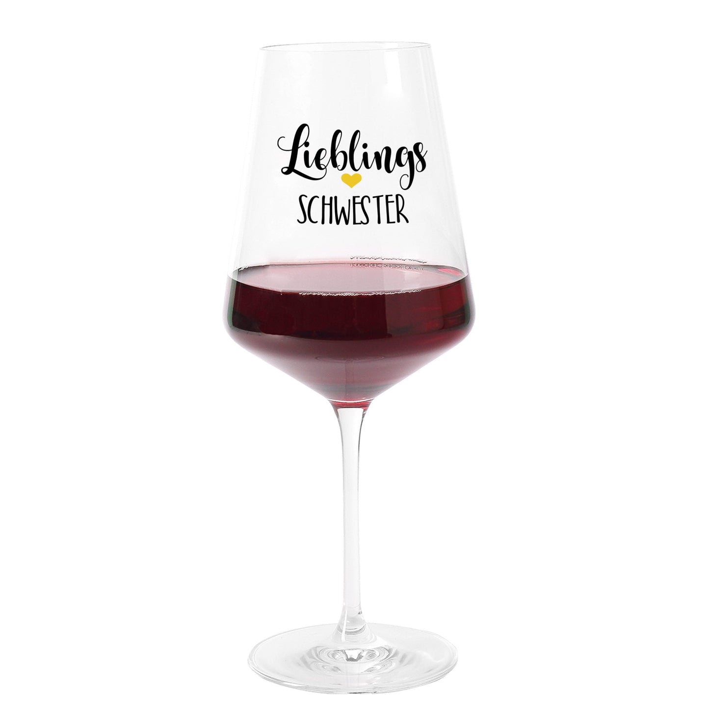Transparentes Leonardo Weinglas mit Herzmotiv und Schriftzug „Lieblings Schwester“ auf weißem Hintergrund