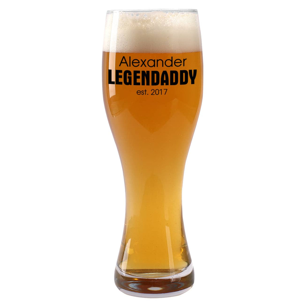 Bedrucktes Weizenbierglas mit Name und Jahr als Druck