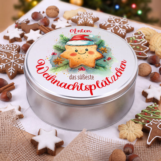 Keksdose mit Name Anton personalisiert und süßem Stern Plätzchen mit Weihnachtsmütze