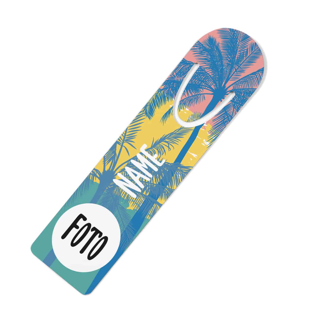 Lesezeichen aus Metall, mit Foto, Name und Palmenmotiv bedruckt