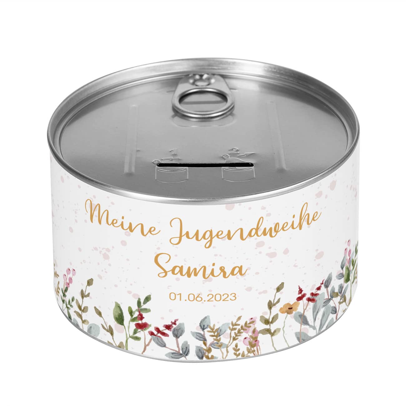 Aufreißspardose aus Metall mit Wunschname und Datum