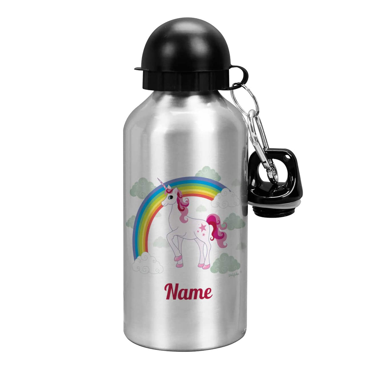 Silberne Trinkflasche mit Einhorn und Ihrem Wunschnamen bedruckt