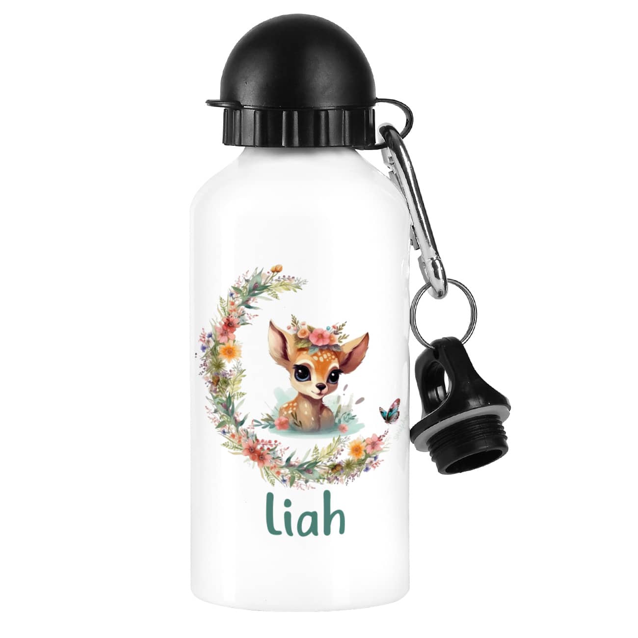 Trinkflasche mit Rehkitz, Blumenranke und Name bedruckt
