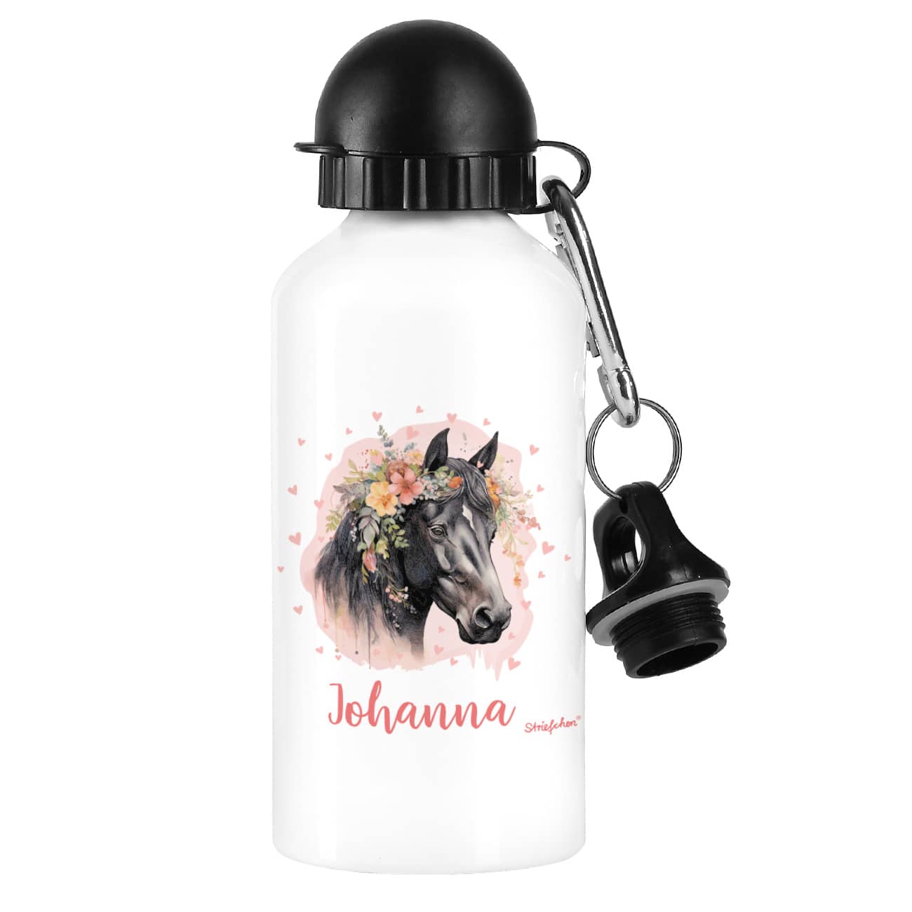 Trinkflasche mit Pferde-Motiv, Blüten, Name und verschiedenen Verschlüssen