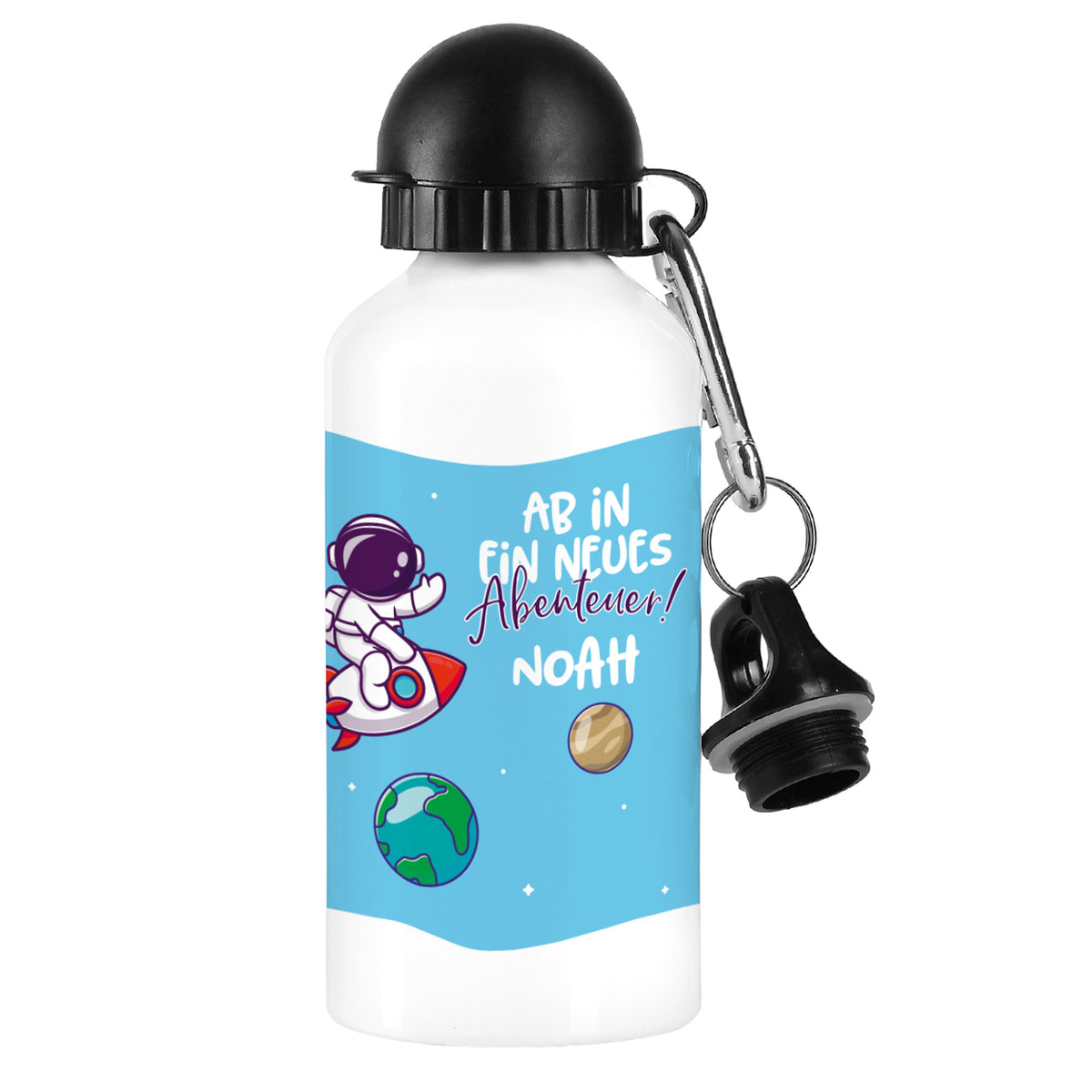 Aluminium-Trinkflasche für Kinder mit Astronaut, Rakete und dem Spruch „Ab in ein neues Abenteuer!“ – personalisiert mit Name