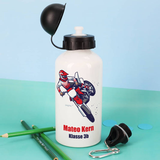 Trinkflasche aus Metall mit Motorradmotiv und Personalisierung