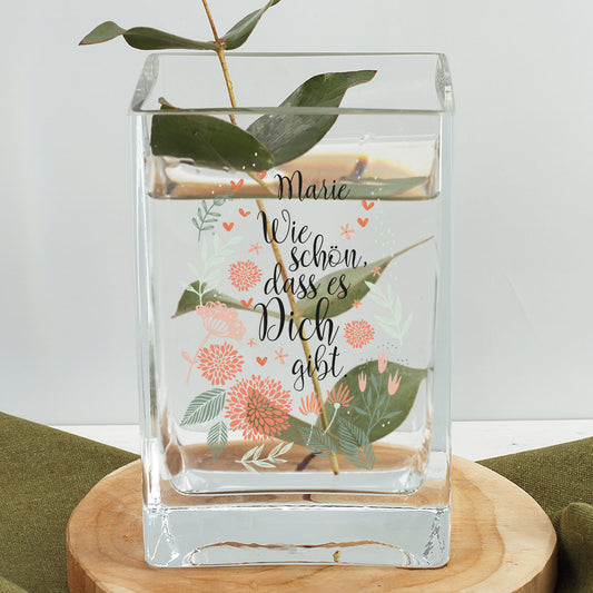 Glasvase einseitig bedruckt mit floralem Motiv und Name