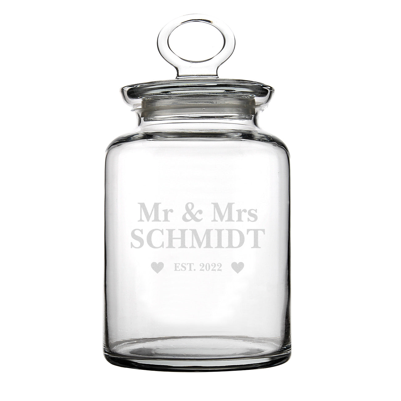 Glasdose für Mr und Mrs mit Wunschnamen und Jahr graviert