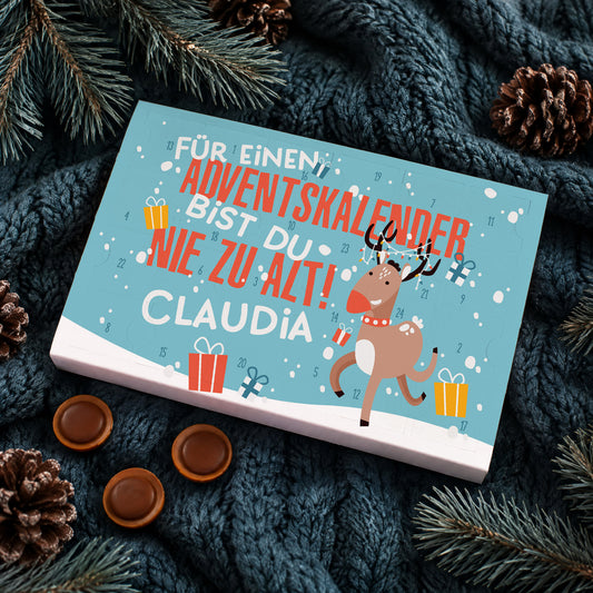 Personalisierter Toffifee Adventskalender mit Name und Rentier Motiv zu Weihnachten
