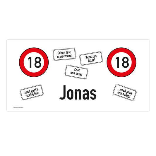 Deko-Banner zum 18. Geburtstag mit Verkehrszeichen und Name