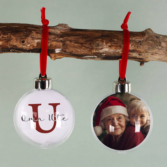 Persönliche Christbaumkugel mit Foto, Name und Initial