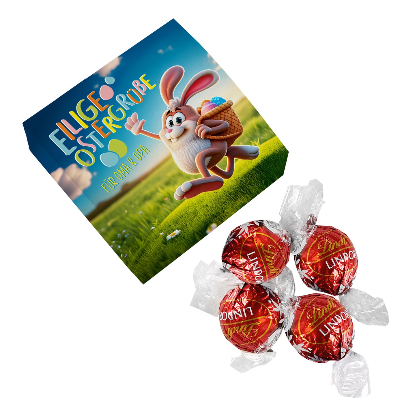 Personalisierte Osterüberraschung „Eilige Ostergrüße“ mit 4 köstlichen Lindorkugeln