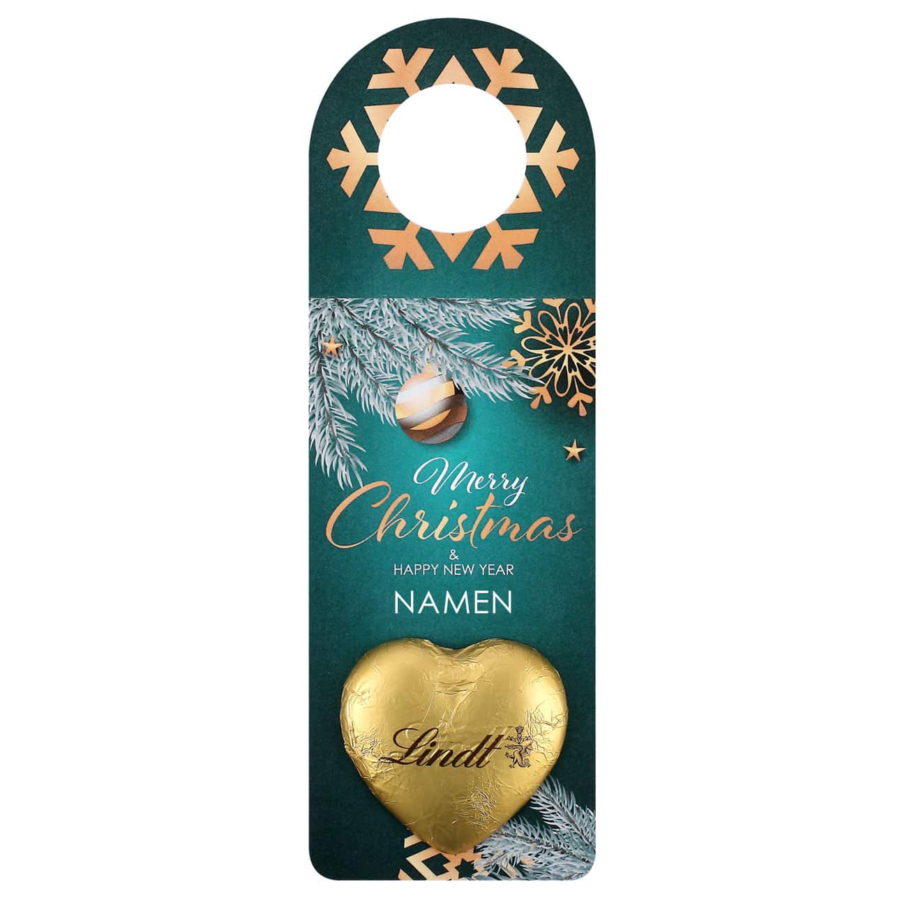 großer Flaschenanhänger mit Lindt-Schokolade und Wunschnamen zu Weihnachten