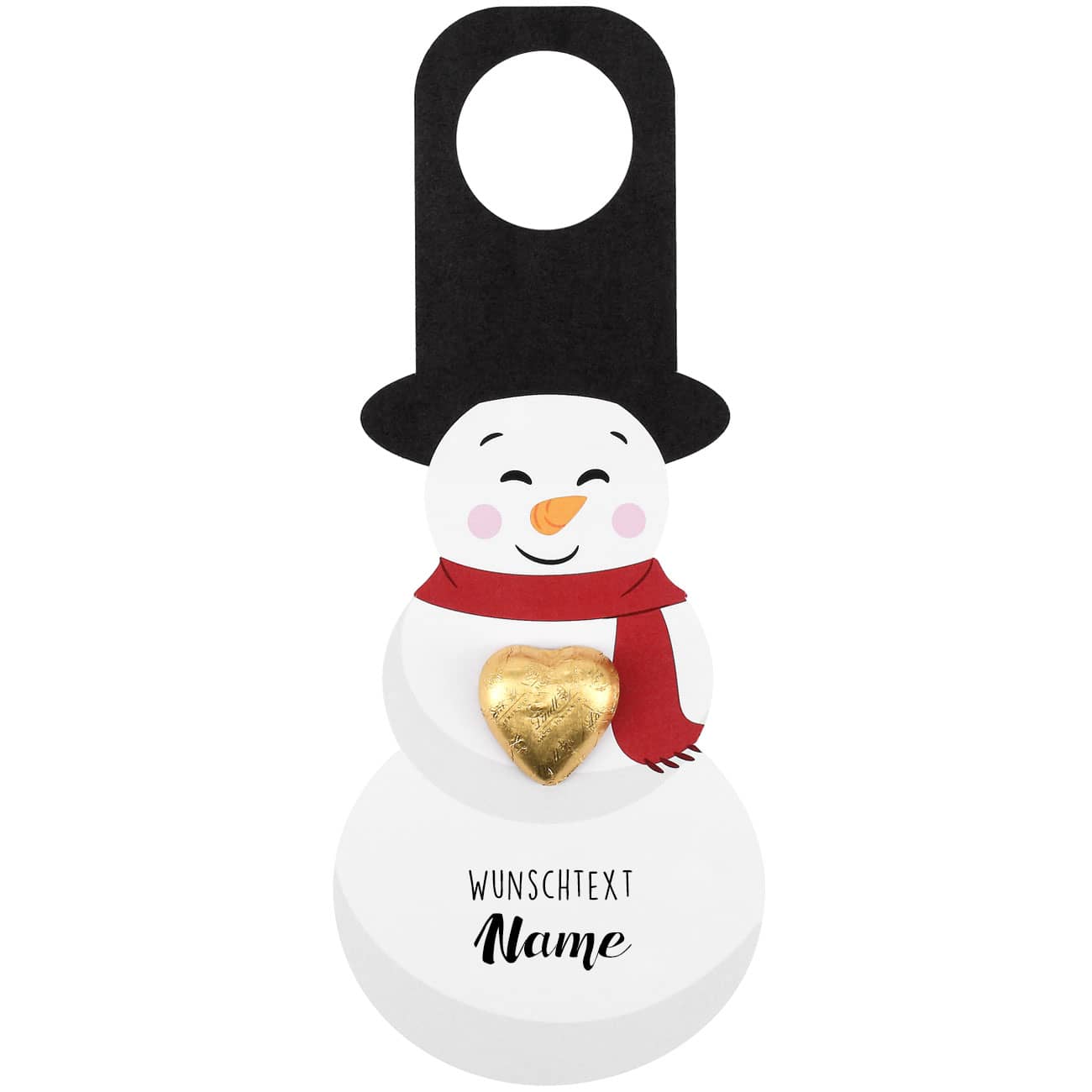 Schneemann-Flaschenanhänger mit Schokoladenherz und Name