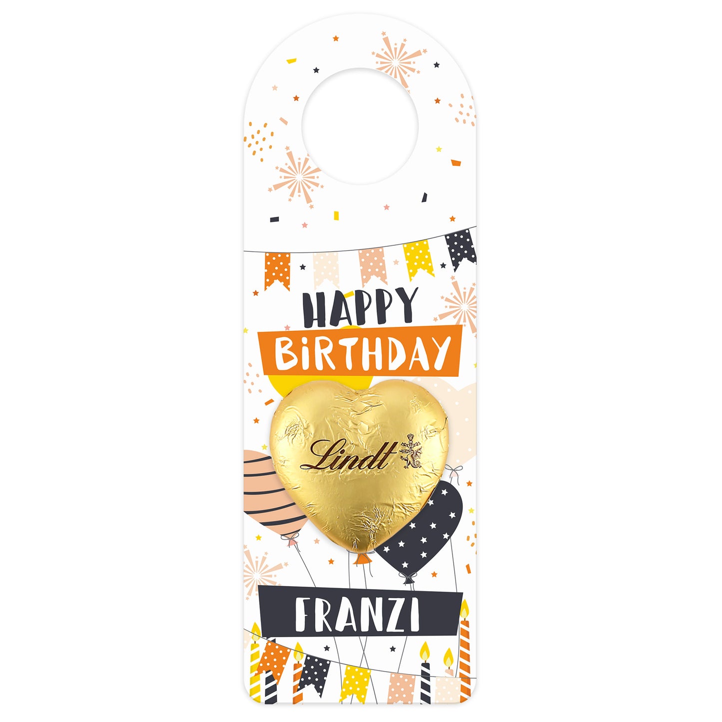 Geburtstags-Flaschenanhänger mit „Happy Birthday“-Schriftzug und Lindt Herz – freigestellt vor weißem Hintergrund.