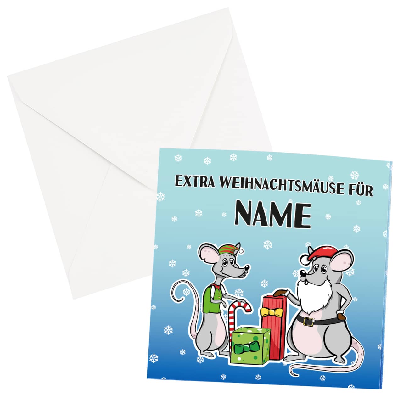 Weihnachtskarte für Geldgeschenke mit Weihnachtsmäusen und Ihren persönlichen Angaben bedruckt