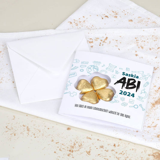 Abitur Glückwunschkarte mit Name, Wunschtext & Schokoladen-Kleeblatt
