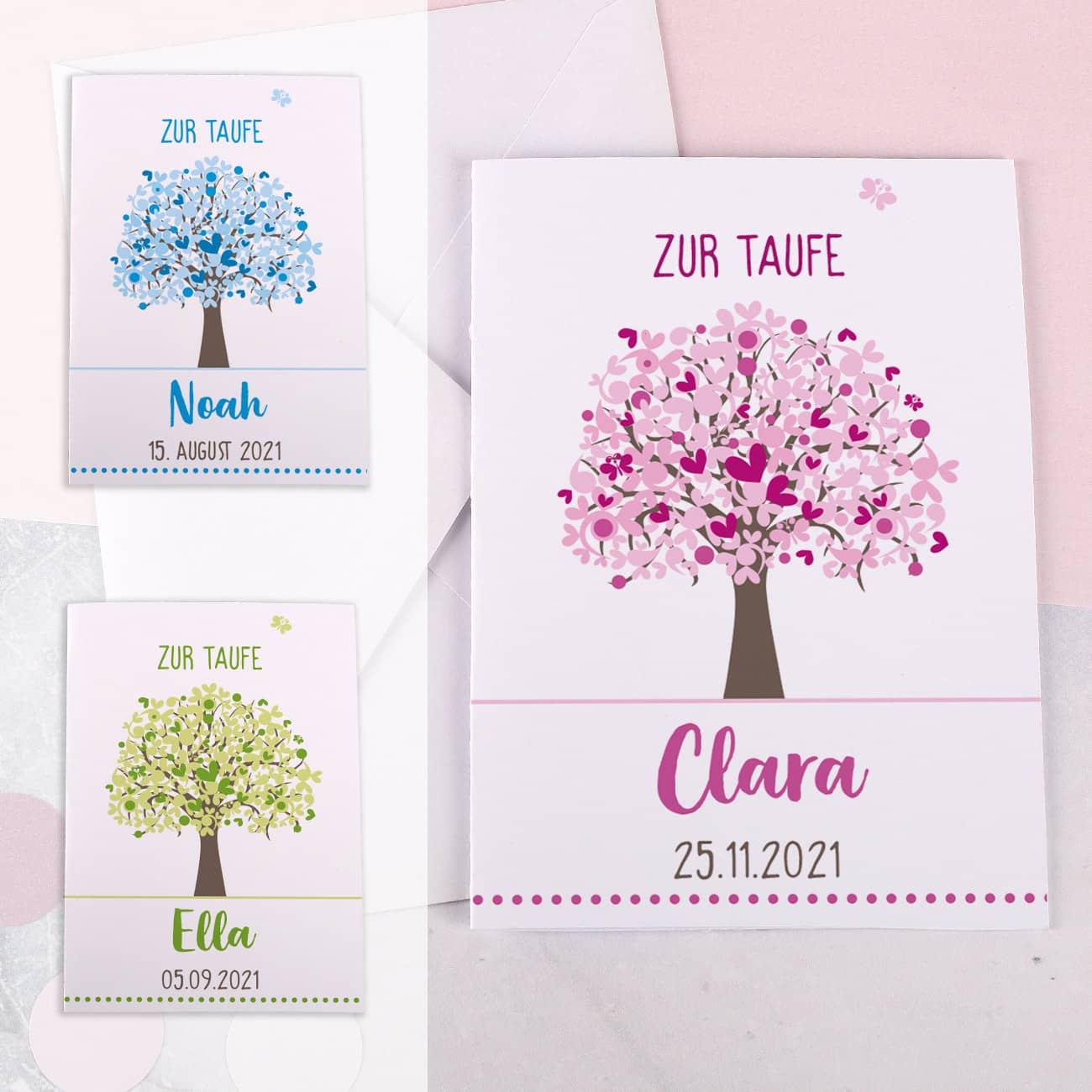 Tolle verschiedenfarbige Taufkarten mit Lebensbaum und Ihren Wunschangaben