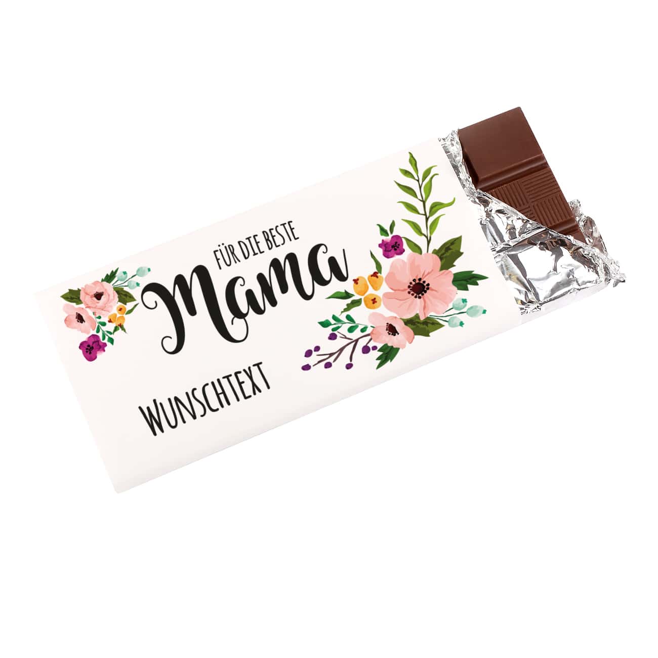 Schokolade zum Muttertag mit Blumenmotiv und Wunschtext