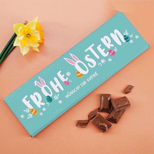 XL Osterschokolade 300 g personalisiert mit Schriftzug Frohe Ostern und Wunschtext