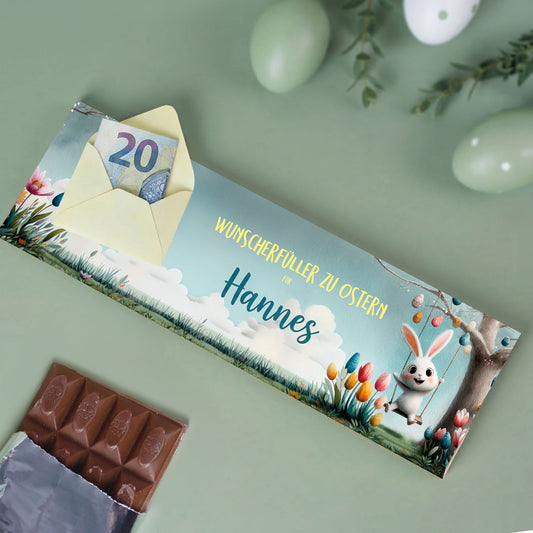 Personalisierte XL Osterschokolade mit Name Hannes und Geldumschlag, Osterdesign mit Hase und Geldschein