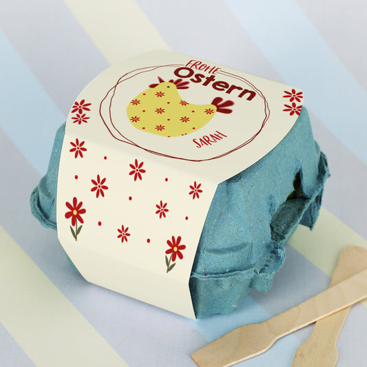Personalisierte Schokoeier im Eierkarton mit Motiv Huhn und Schriftzug Frohe Ostern