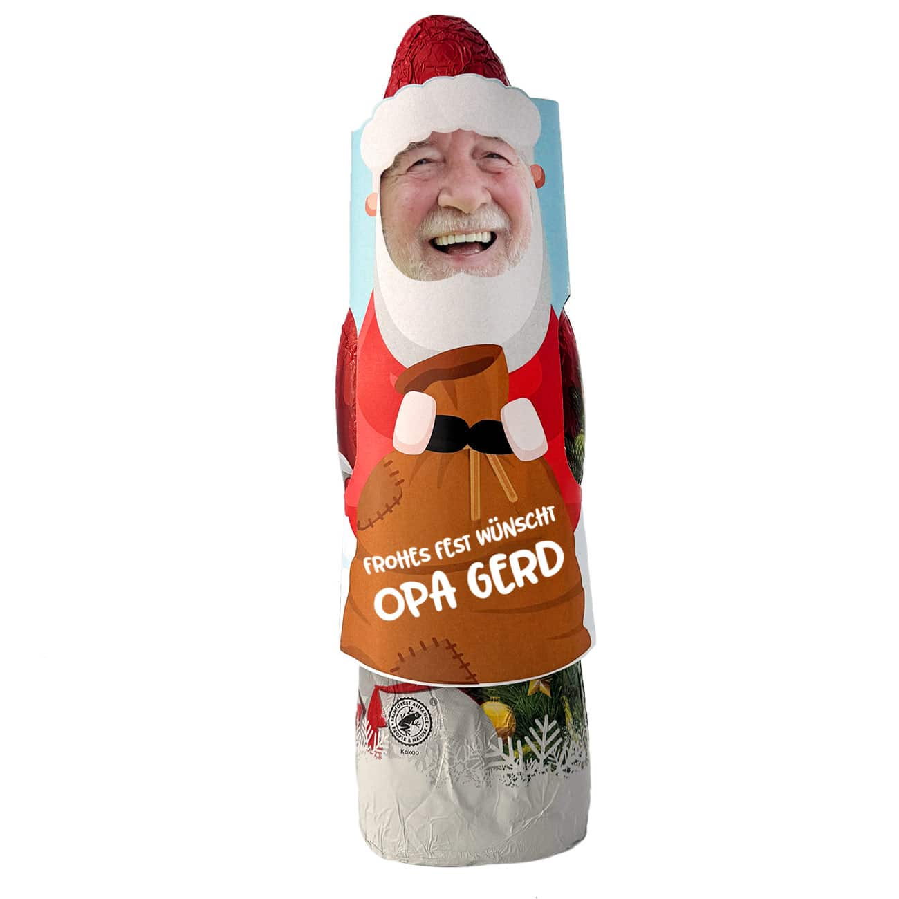 Schokoladen-Weihnachtsmann mit Ihrem Gesicht, Name und Wunschtext
