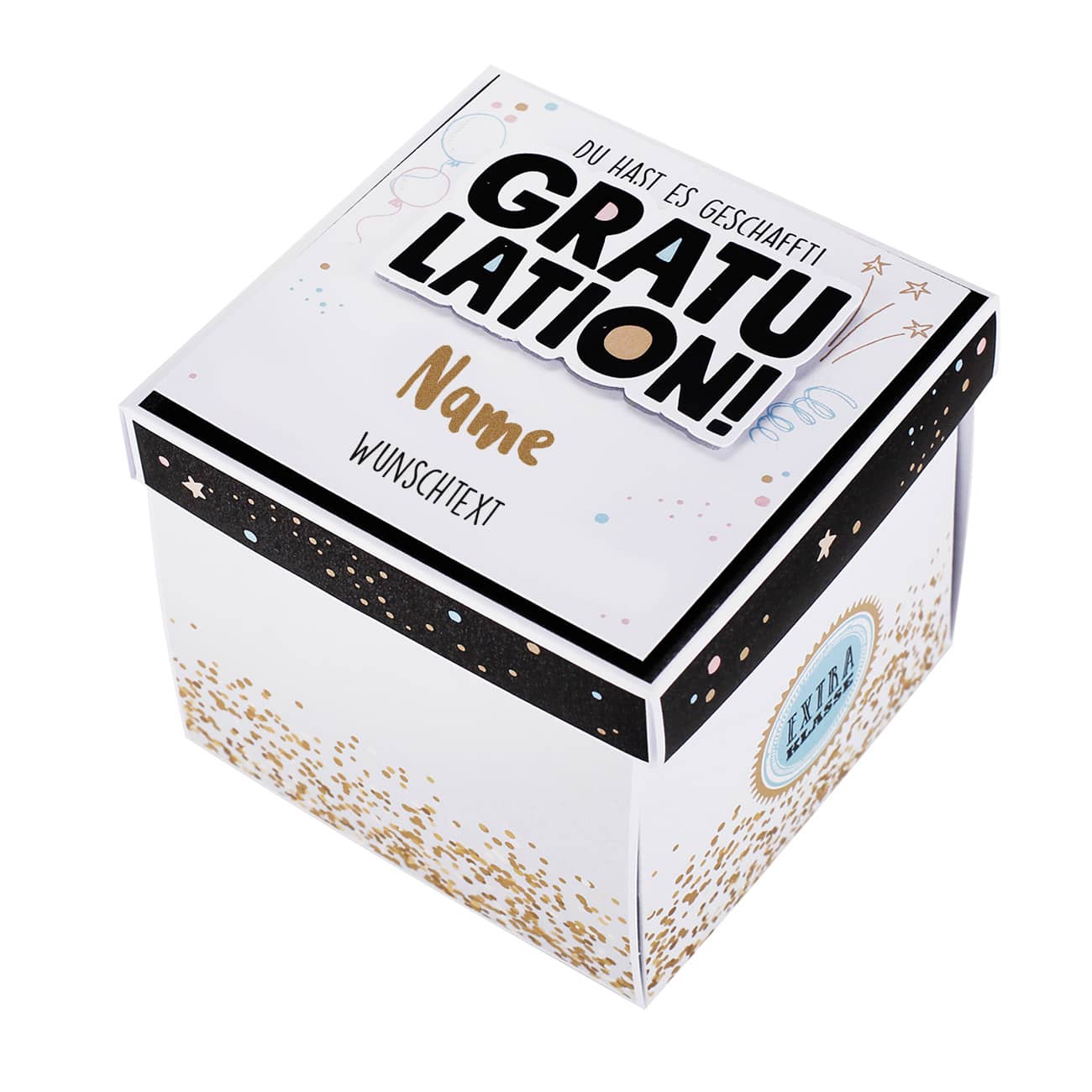 Gratulation, du hast es geschafft! - Geschenkbox mit Name und Wunschtext