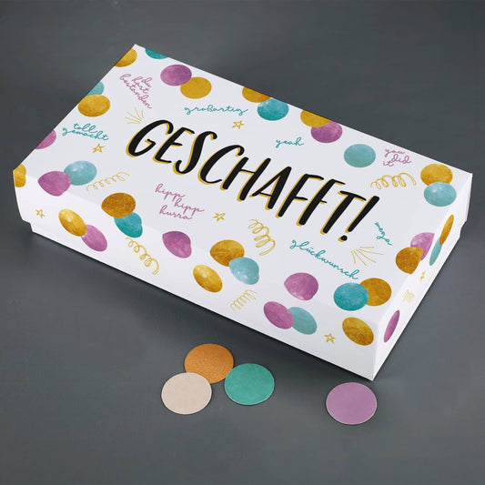 Geschafft! - Überraschungsbox für Geldgeschenke zum Abi, Schulabschluss und mehr