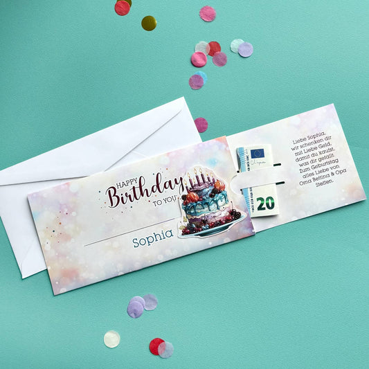 Happy Birthday - Karte mit Geburtstagstorte für Geldgeschenke