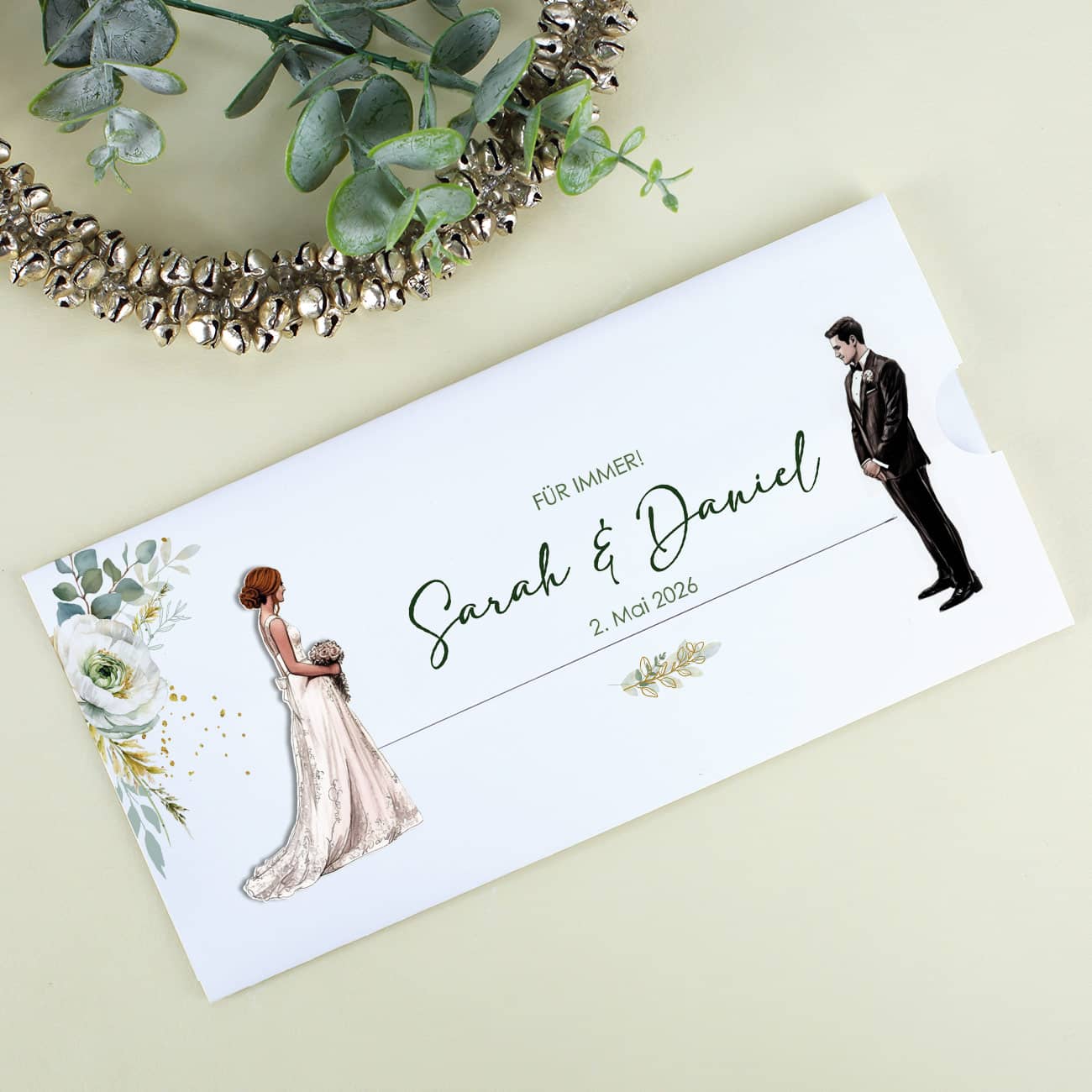 Hochzeitseinladung - Ziehkarte mit Brautpaar