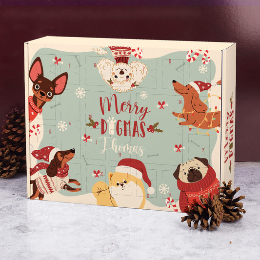 DIY Adventskalender „Merry Dogmas“ mit Hundeillustrationen, personalisiert mit Namen