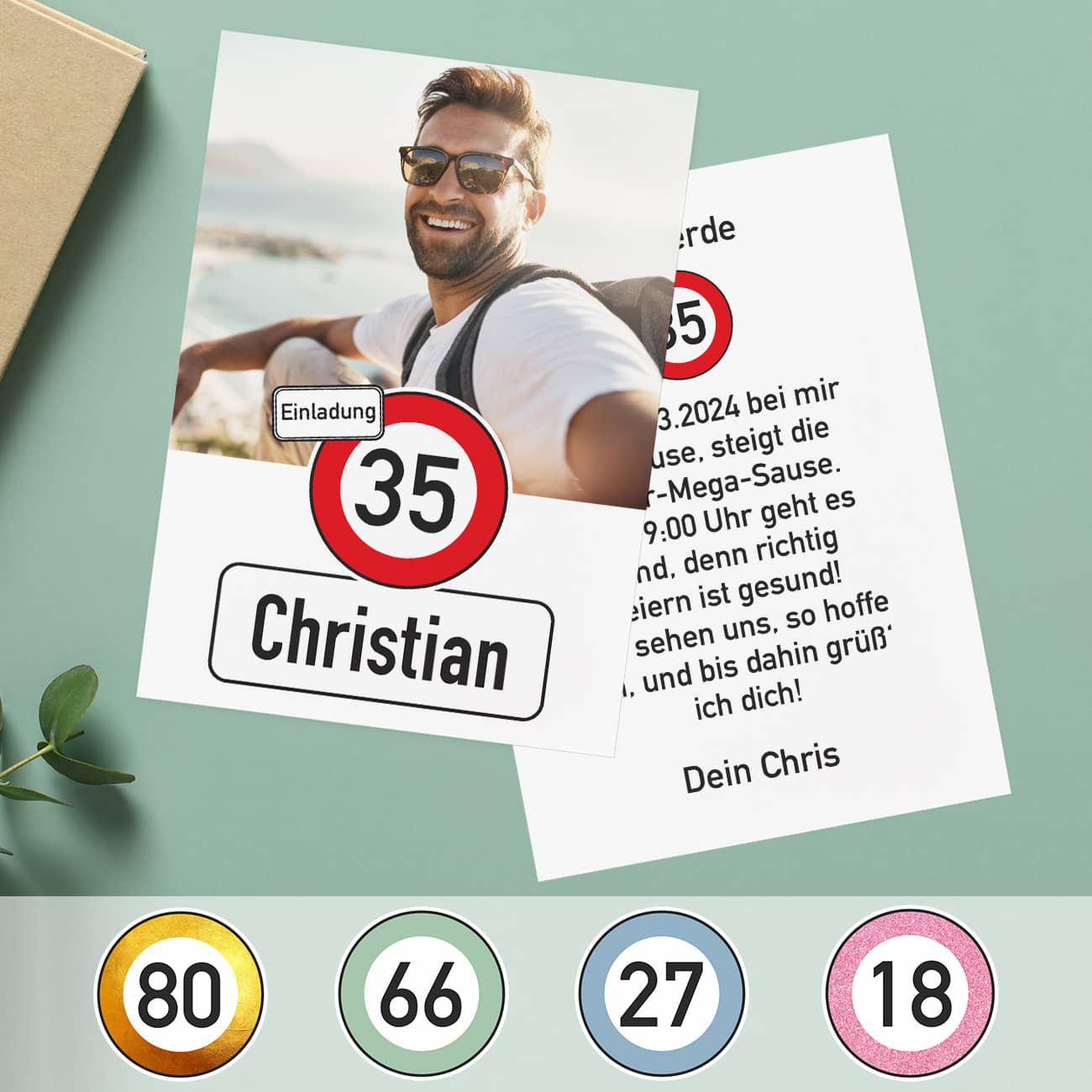 Geburtstagseinladung mit Ihrem Foto und Alter im Verkehrszeichen