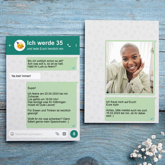 Witzig gestaltete Einladungskarte mit Foto & Text in Form von Chatverlauf
