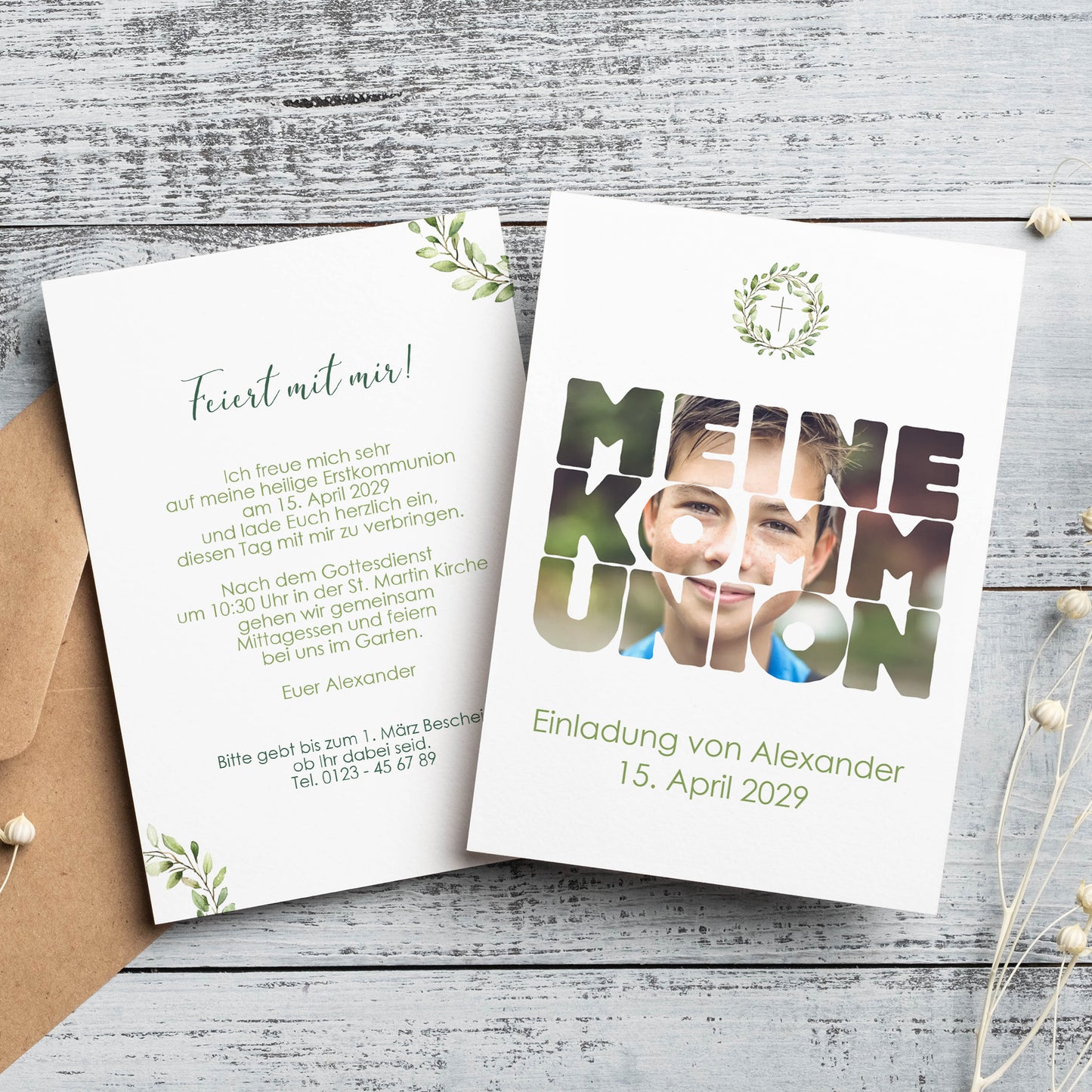 Personalisierte Einladungskarte zur Kommunion mit Foto & Wunschdaten | Eukalyptus