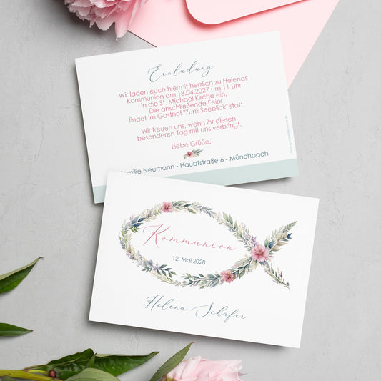 Einladungskarte zur Konfirmation, Kommunion, Taufe mit Wunschdaten | Blumen-Fisch Ichthys