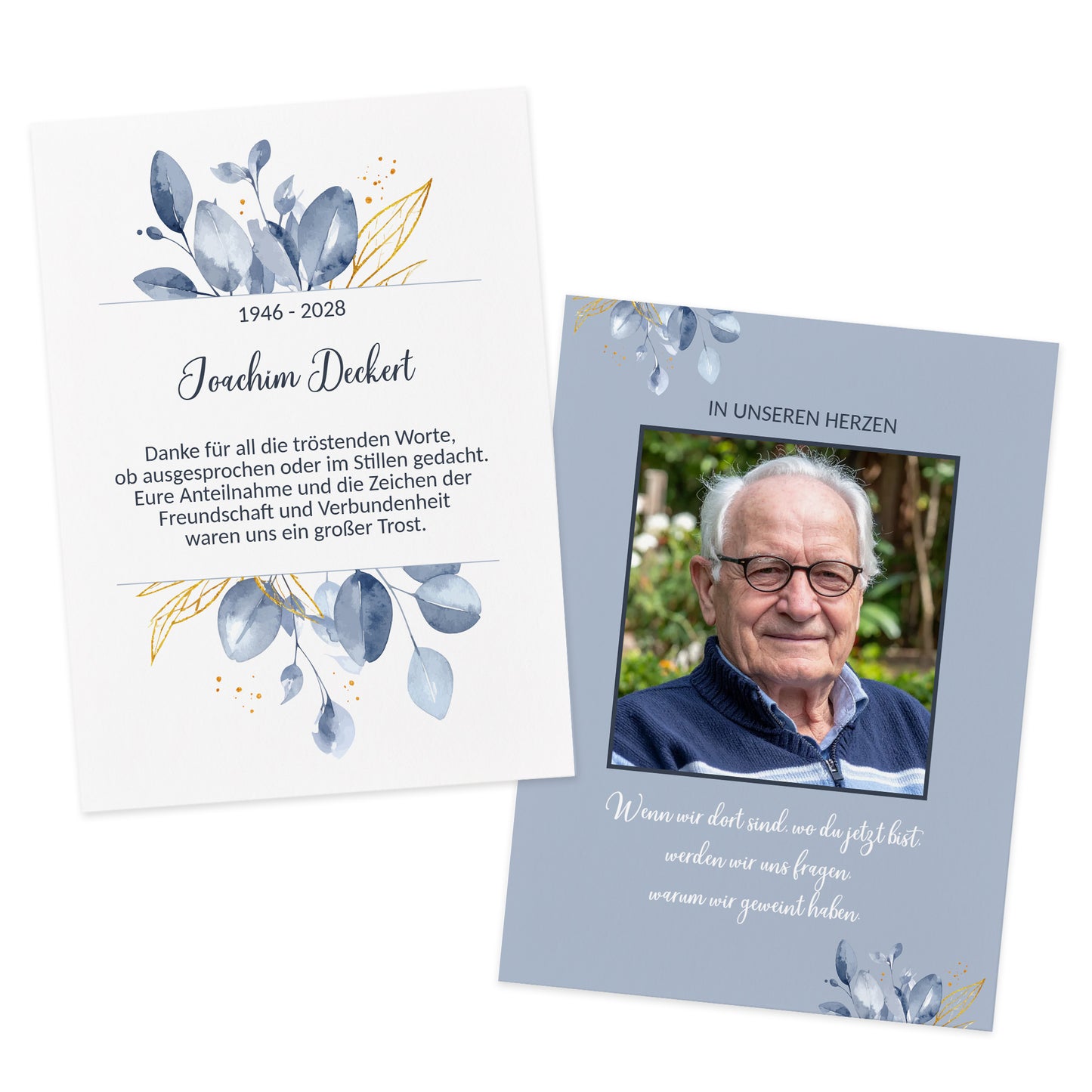 Freigestelltes Bild der Trauerkarte auf weißem Hintergrund – Vorder- und Rückseite sichtbar