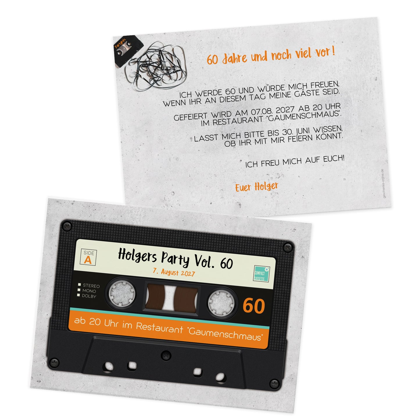 Einladungskarte Geburtstag Kassette Rückseite mit Text und Veranstaltungsdetails