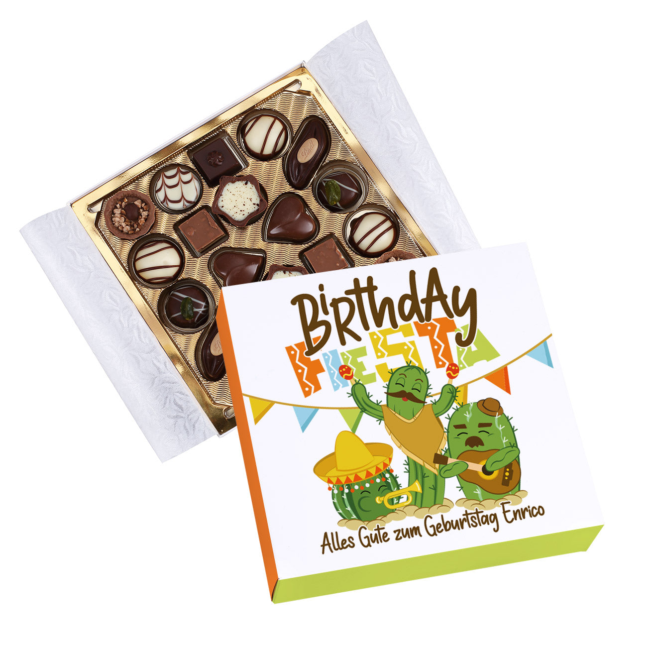 Lindt Pralinen mit origineller Verpackung "Birthday Fiesta" bedruckt mit Party-Kakteen und Ihrem Wunschtext