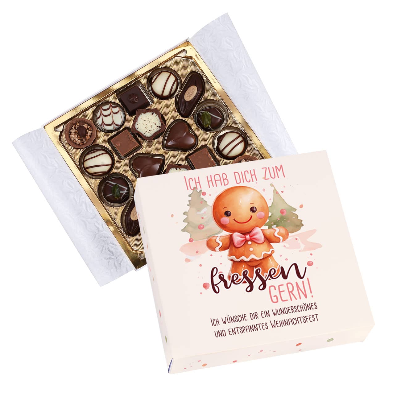 Lindt Pralinen Verpackung mit - Ich hab Dich zum fressen gern! - und einem Text Ihrer Wahl bedruckt