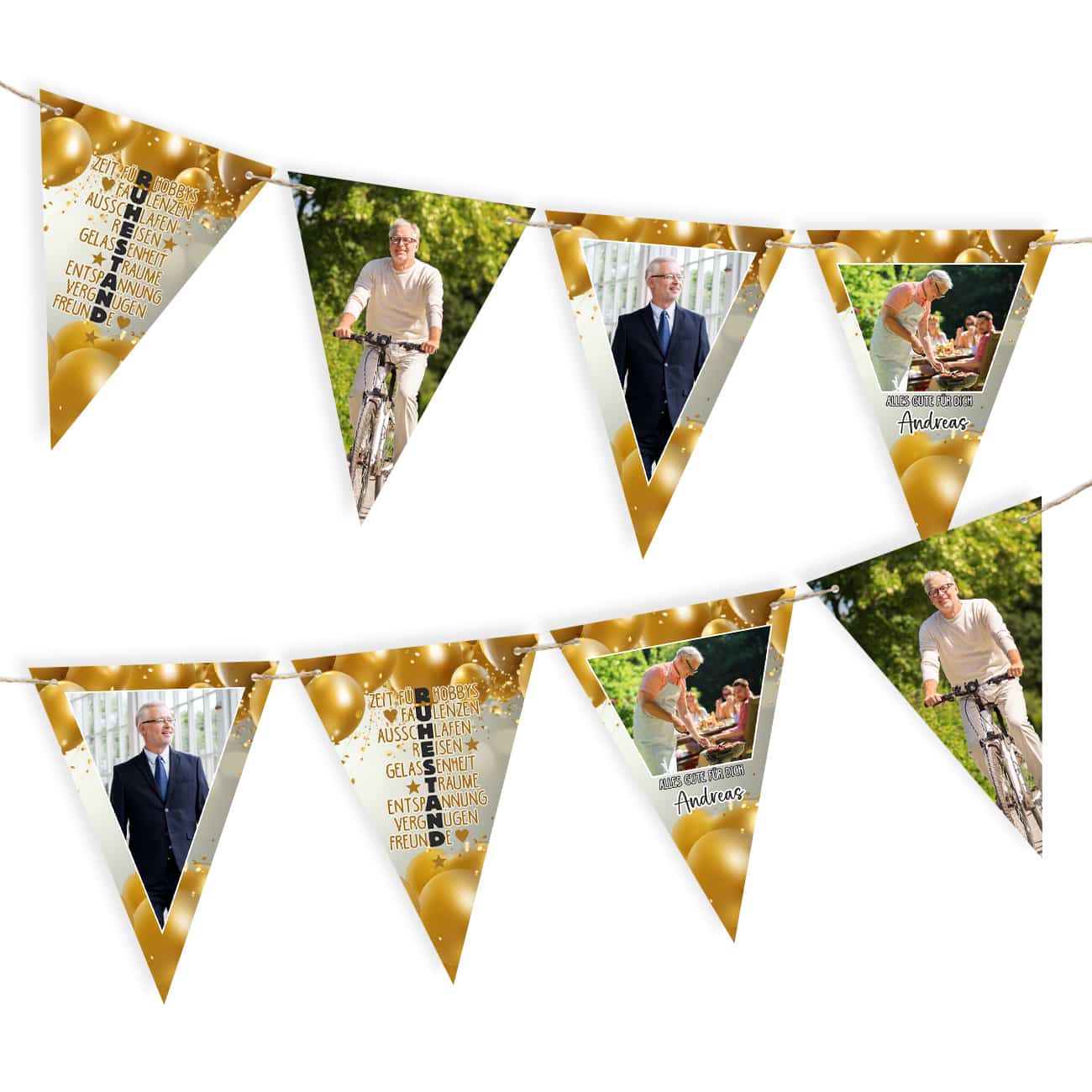 Girlande mit goldenem Ballonmotiv und Fotos zur Rente