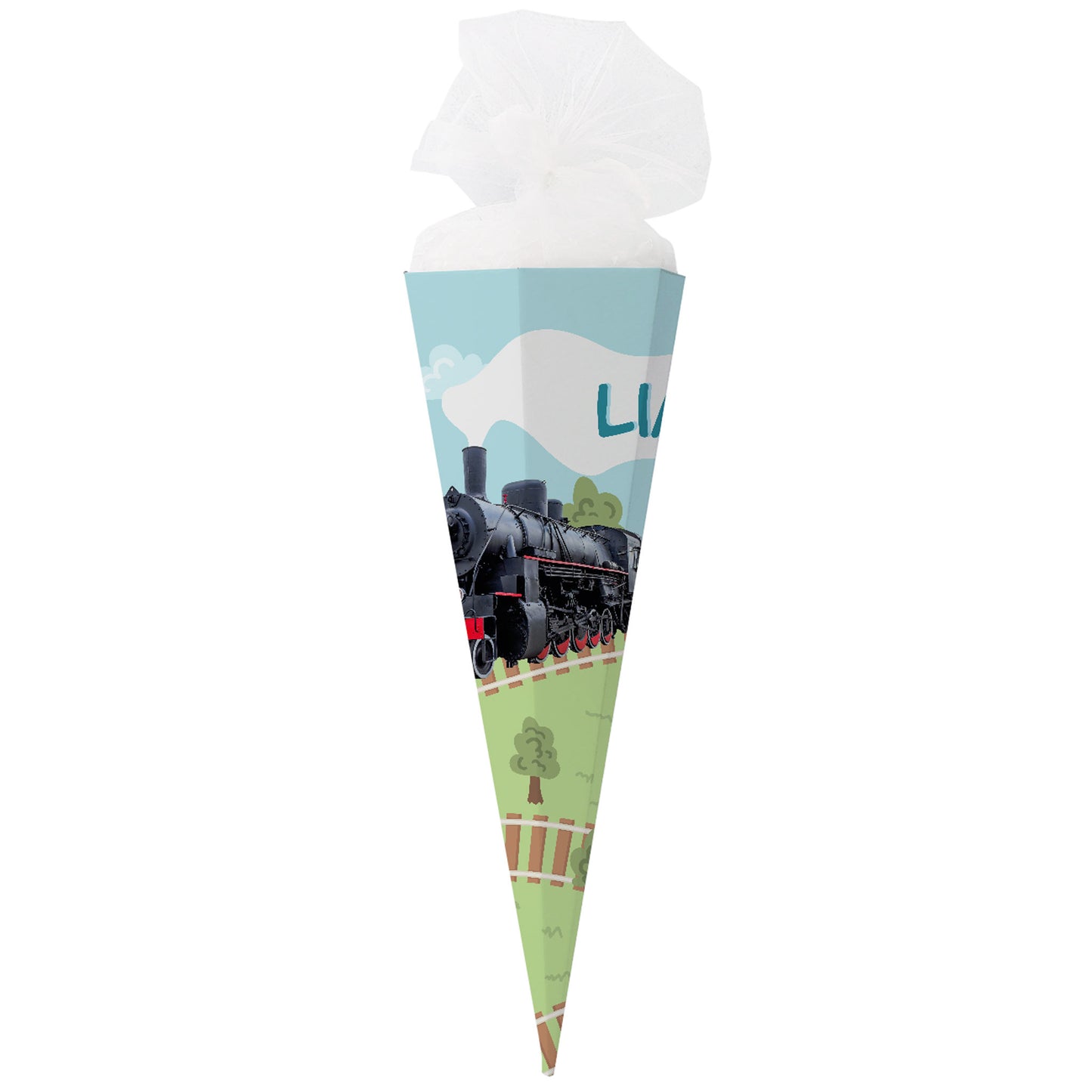 Schultüte XL mit Zug Motiv personalisiert mit Name | Retro Dampflok | 80cm